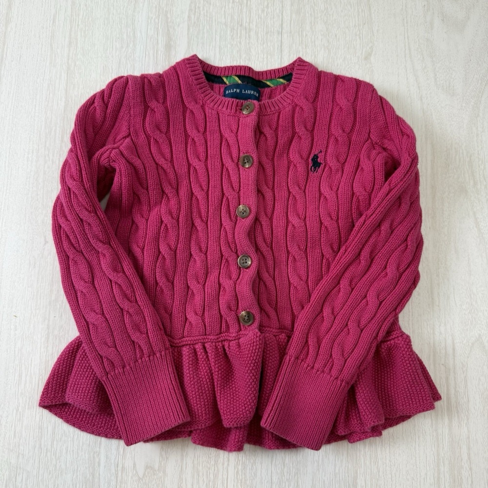Ralph Lauren Girls Pink Cable Knit Peplum Cardigan Sweater Size 5 Cotton Pony